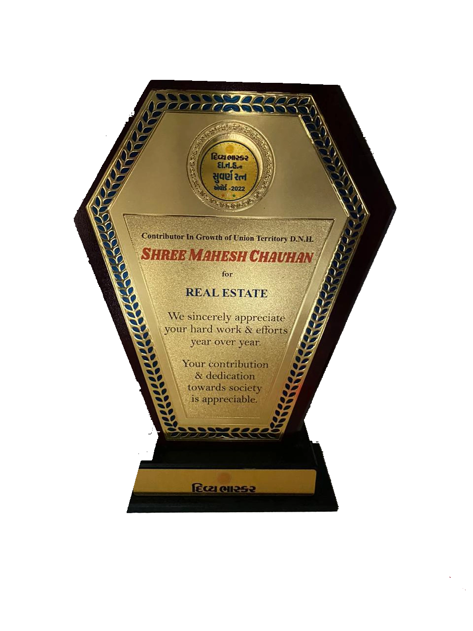 Award for Contribution in the field of “Real Estate “ in Dadra & Nagar Haveli.